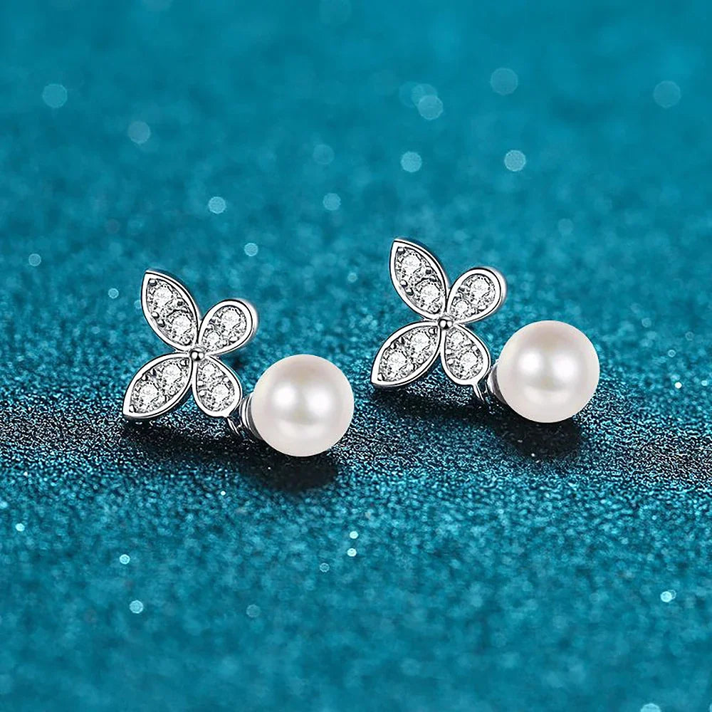 Butterfly Moissanite Diamond Drop Earrings with 8mm Freshwater Pearl 925 Sterling Silver Stud Earring for Women Fine Jewelry