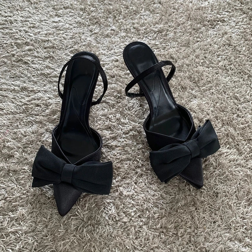 Black Butterfly-knot Stiletto Pumps 2025 Women Pointed Slingbacks High Heels New Sexy Fashion Party Lady Sandals Shoes