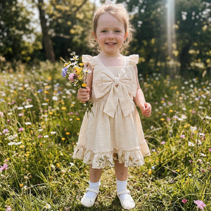 Toddler Kids Baby Girls Summer Casual Dress Princess Girls Solid Cotton Linen Fly Sleeve Bowknot Holiday Party Dress Sundress