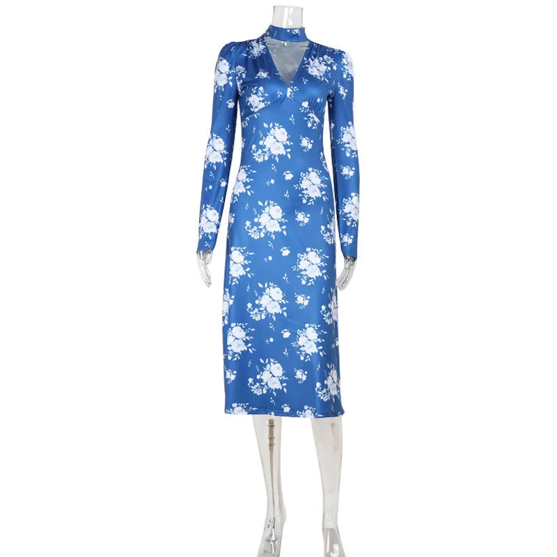 Dresses For Women Fashion Sexy Streetwear Regular V-Neck Full Sleeves Bodycone Mid Vestidos Robes Female Casual Slim Fit