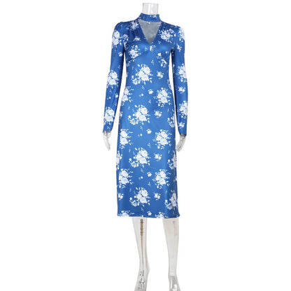Dresses For Women Fashion Sexy Streetwear Regular V-Neck Full Sleeves Bodycone Mid Vestidos Robes Female Casual Slim Fit