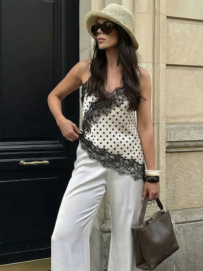 Women Fashion Polka Dot Camisole Tops Lace Patchwork Off Shoulders Tank Top 2026 Summer Trend High Street Lady Chic Tops