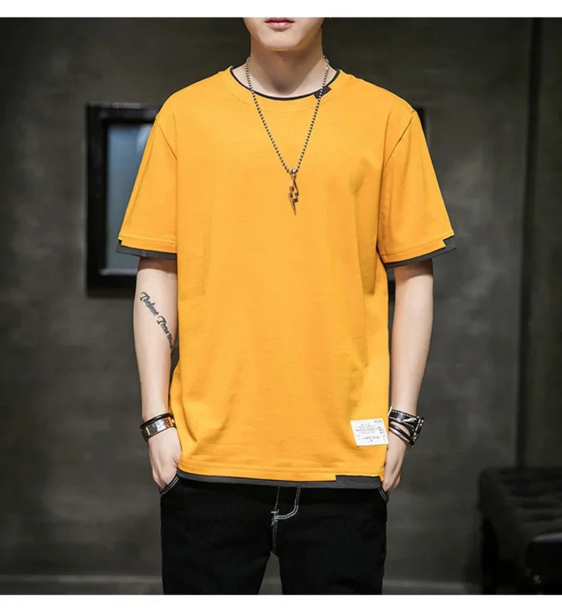Classic Fake Two Short Sleeved Men's Pure Cotton T-shirt, Men's Summer Men's Interior Matching Trendy Brand T-shirt