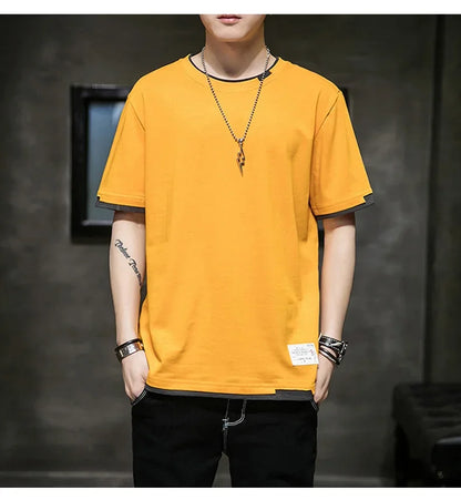 Classic Fake Two Short Sleeved Men's Pure Cotton T-shirt, Men's Summer Men's Interior Matching Trendy Brand T-shirt