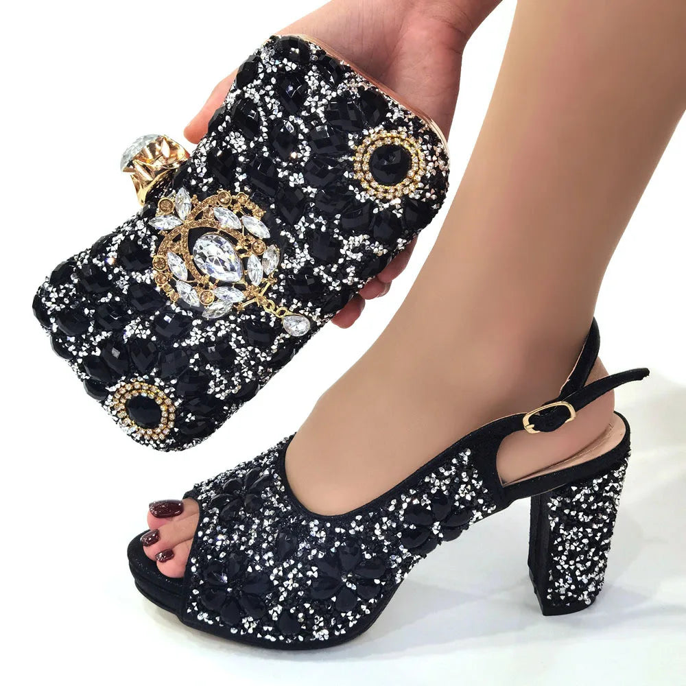 Sparkly Red Rhinestone Peep Toe Block Heels Matching Crystal Clutch Bag Women Wedding Evening Party Bridal Shoe and Bag Set