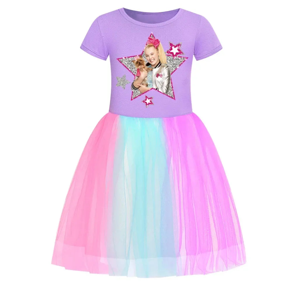2025 Girls Princess Dress Kids Cute JOJO Siwa T Shirt Pleated Dresses Children Summer Vestidos Cartoon Birthday Party Clothes