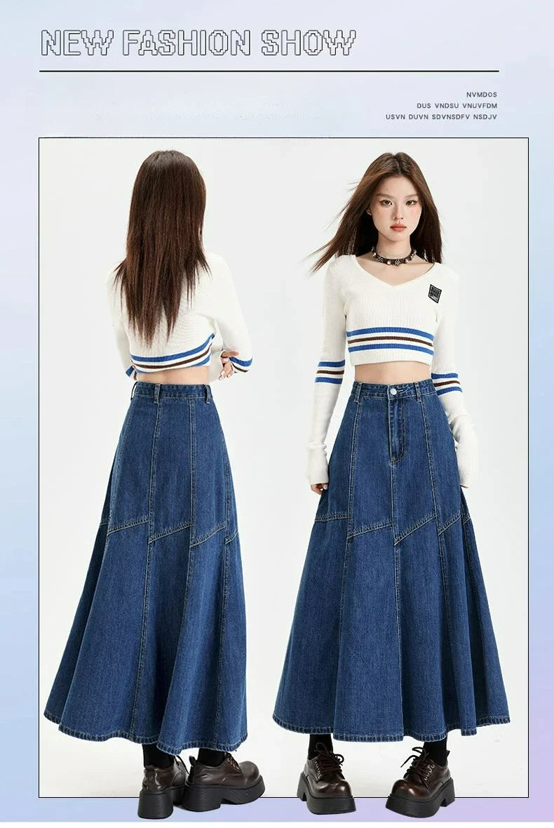 Women Blue A-line Denim Skirt Vintage Aesthetic Y2k Patchwork New Jean Skirt Harajuku Korean Cowboy Skirts 2000s Clothes Summer