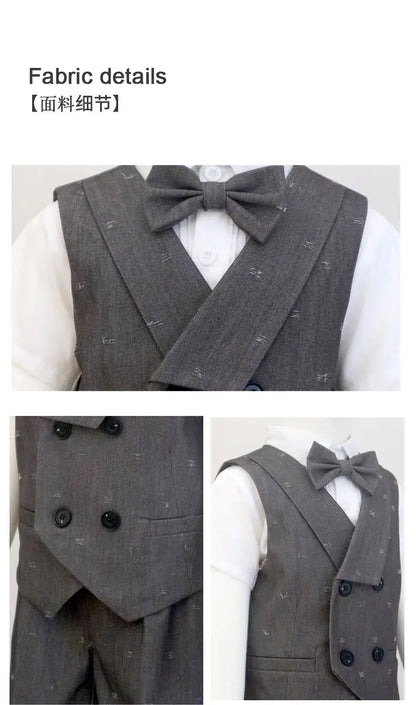 Kids Boys Formal Suit Set Denim Gray Vest Shorts Bowtie 3PCS Wedding Birthday Party Gentleman Outfit for Toddler 1-8Yrs Clothes