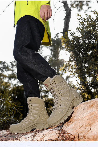High-Top Leather Men's Boots Breathable Desert Combat Boots Outdoor Non-slip Hiking Boots Men Motorcycle Boots Work Ankle Boots