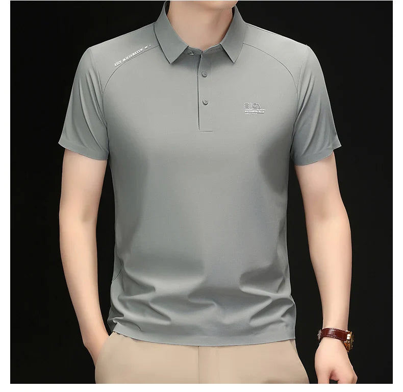 High quality ice silk short sleeve polo shirt cool breathable fashion brand letter printed summer casual men's lapel T-shirt