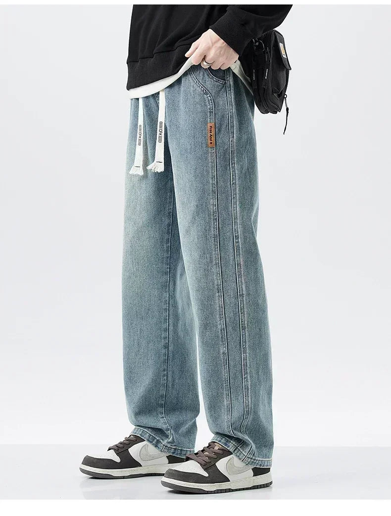 Men's Retro Jeans Elastic Waist Fashion Loose Straight Casual Wide Pants Cotton Casual Korean Baggy Wide Leg Denim Trousers
