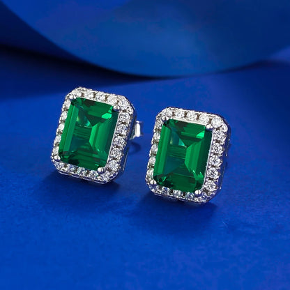 100% 925 Sterling Silver 6*8mm Synthetic Emerald Stud Earrings For Women Sparkling Wedding Party Fine Jewelry Wholesale