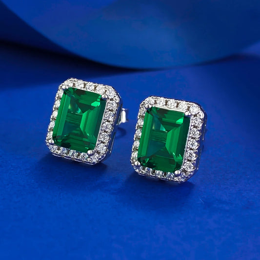 100% 925 Sterling Silver 6*8mm Synthetic Emerald Stud Earrings For Women Sparkling Wedding Party Fine Jewelry Wholesale