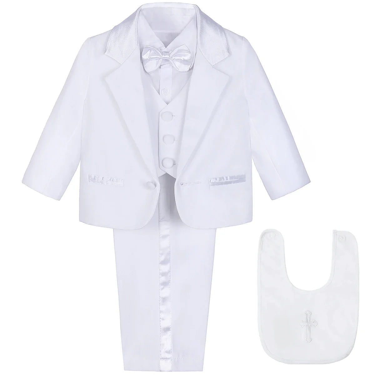 Baby Boy Baptism Outfit Infant White Christening Suit with Hat Toddler Wedding Birthday Party Clothing Long Sleeved Tuxedo 5PCS