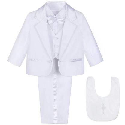 Baby Boy Baptism Outfit Infant White Christening Suit with Hat Toddler Wedding Birthday Party Clothing Long Sleeved Tuxedo 5PCS