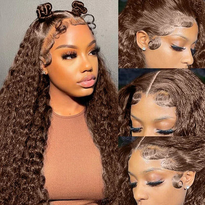 HD Chocolate Brown Curly Human Hair Wigs For Women 13x4 13x6 Deep Wave Lace Frontal Wigs Pre Plucked Brown Brazilian Human Hair