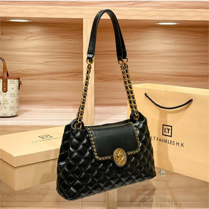 Brand genuine leather chain bag for women in 2025, new designer with a sense of luxury, large capacity underarm shoulder bag