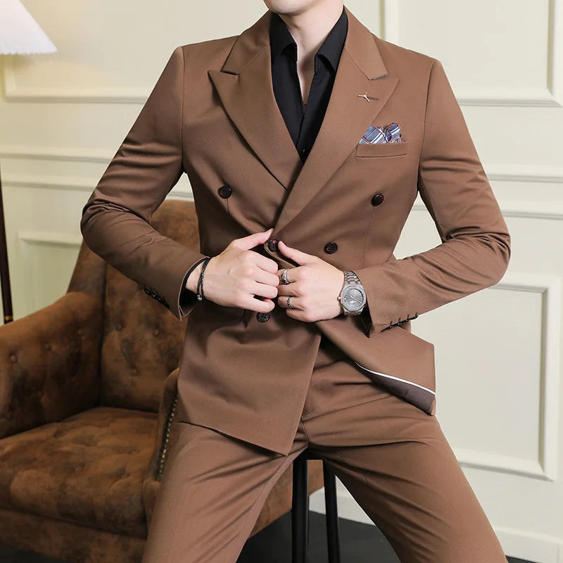 ( Blazers + Pants ) Boutique Fashion Solid Color Double-breasted Men's Casual Business Slim Suit 2-piece Set Groom Wedding Dress