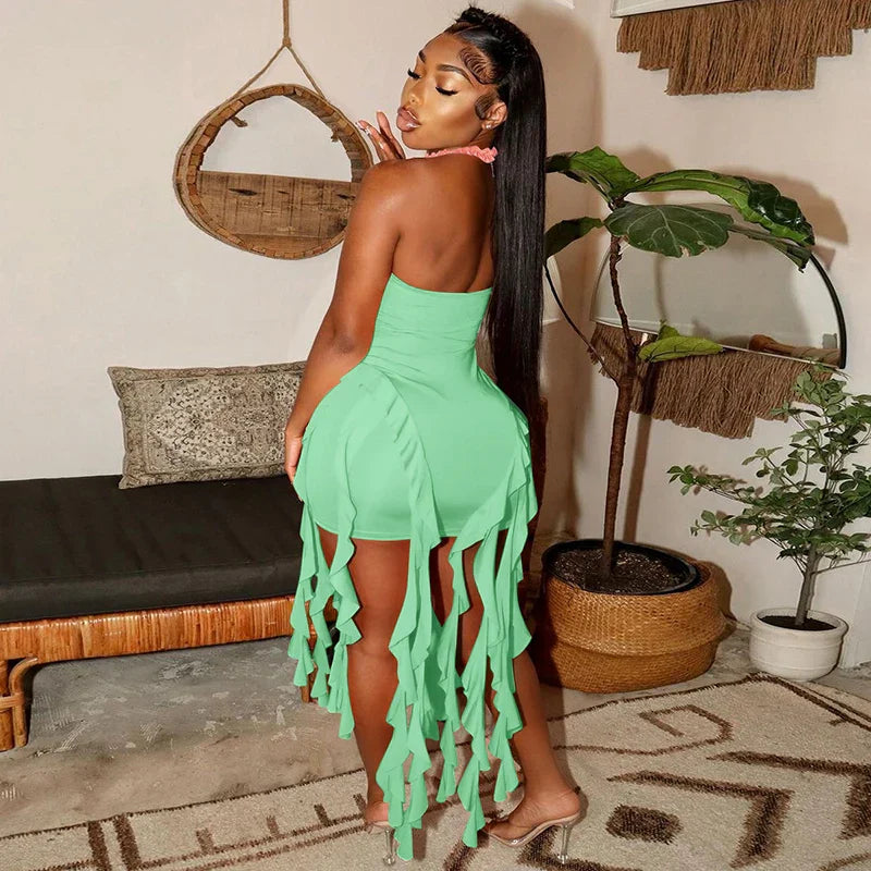 Elegant Halter Solid Ruffles Backless Taseel Sexy Slim Mini Dress Spring Women Cute Outfits Birthday Party Vacation