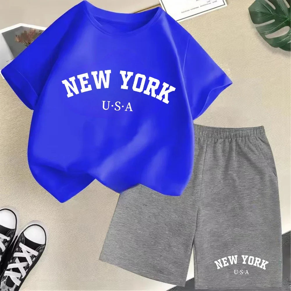 New York letter pattern boy and girl T-shirt+shorts 2-piece set