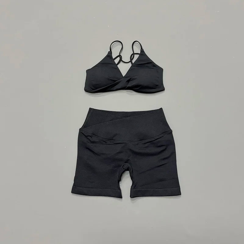 Women 2 Piece Gym Set Seamless Yoga Sports Bra V Neck Twist Front Tummy Control Butt Lifting Shorts Fitness Running Workout Set
