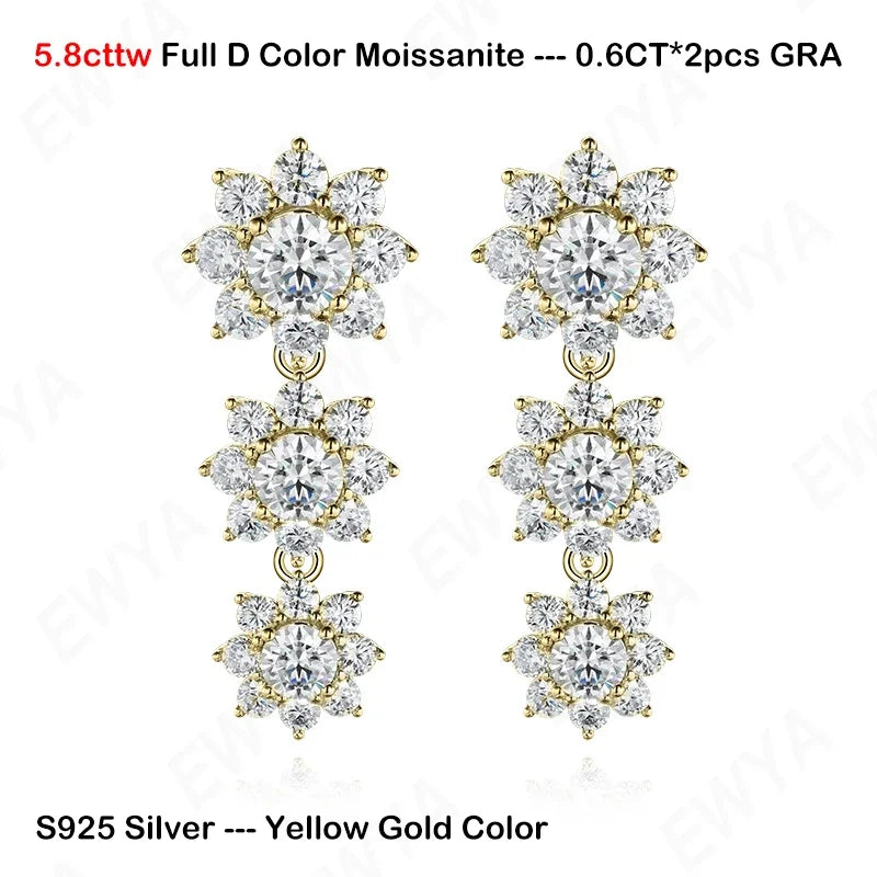 Luxury Sunflower 2.8-5.8cttw Full D Color Moissanite Drop Earrings for Women S925 GRA Certified Diamond Tassel Earring Gift