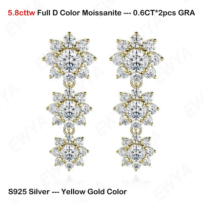 Luxury Sunflower 2.8-5.8cttw Full D Color Moissanite Drop Earrings for Women S925 GRA Certified Diamond Tassel Earring Gift