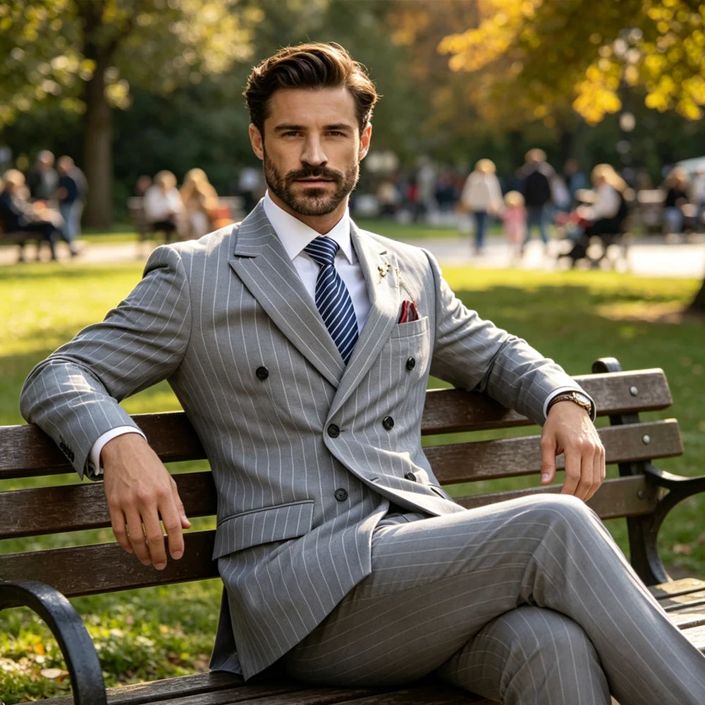 Men's Pinstripe Suit Set Classic Double Breasted Peak Lapel Slim Fit 2 Piece Blazer Pants For Business Formal Wedding