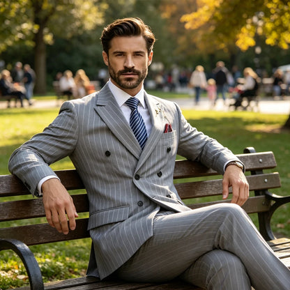 Men's Pinstripe Suit Set Classic Double Breasted Peak Lapel Slim Fit 2 Piece Blazer Pants For Business Formal Wedding