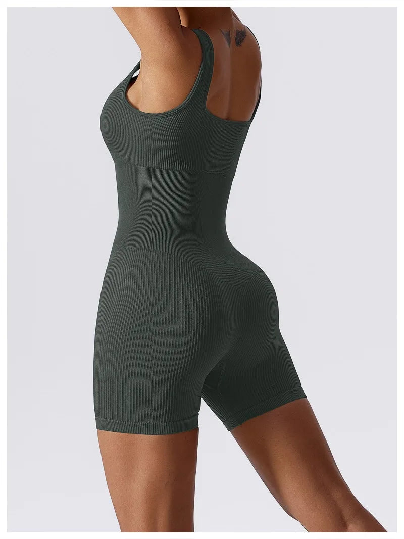 Women's Yoga Rompers One Piece Tummy Control Seamless Ribbed Jumpsuit Padded Sports Bra Workout Romper Fashion Fitness Sportwear