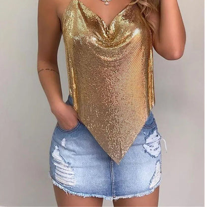 New Sexy Backless Metal Sequined Solid Camis Sleeveless Halter Hollow Out V Neck Adjustable Chain Women Nightclub Crop Tops