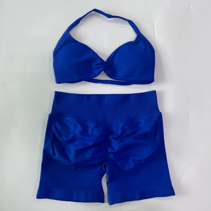 NO LOGO 2PCS Gym Set Women Strappy Yoga Bra Top High Waist Workout Scrunch Shorts Sports Suit Seamless Yoga Set Fitness Clothes
