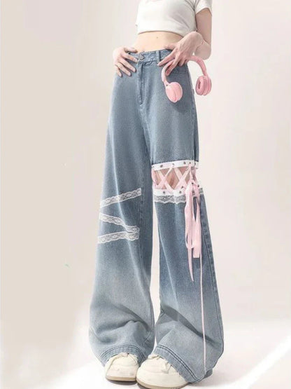American Sweet Pantalones De Mujer Lace Patchwork Bandage High Waist Casual Loose Jeans Preppy Style All Match Women's Clothing