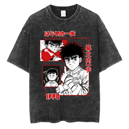 Anime Hajime No Ippo Washed Vintage T-shirt Kamogawa Boxing Gym Harajuku T-shirts Makunouchi Takamura KGB Loose Cotton T Shirt