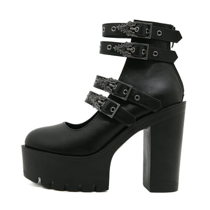 Goth Style Women Block Heels for Halloween Fashion Buckle Strap Dress Pumps Platform Mary Jane Shoes Stylish Back Zipper