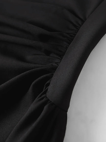 Summer Women's Black Midi Dress, Crew Neck Short Sleeve Waist-Cinching Slim Fit Black Dress for Chic Minimalist Style