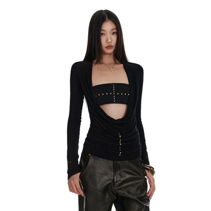 Y2k Japanese T Shirt Women Black Rivet Punk Tops Swing Collar Streetwear Two Pieces Tops American Retro 90s Tshirts