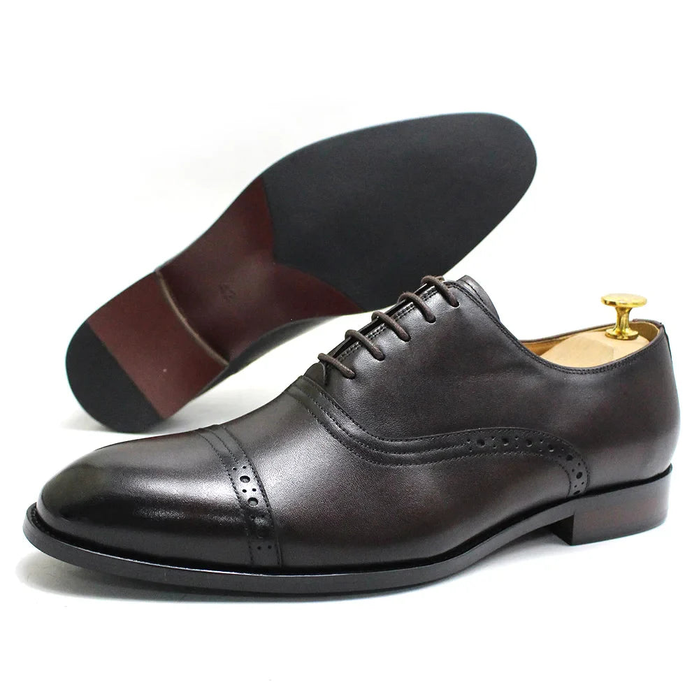 Men's Genuine Leather Oxfords Handmade Cap Toe Dress Shoes Lace-Up Formal Wedding Shoes Business Office Male Footwear