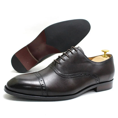 Men's Genuine Leather Oxfords Handmade Cap Toe Dress Shoes Lace-Up Formal Wedding Shoes Business Office Male Footwear