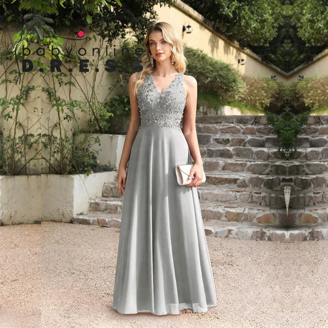 A-line V-neckline Chiffon Lace Pearls Beadings Floor-length Prom Dress Sleeveless Evening Elegant Party Dresses For Women 2024