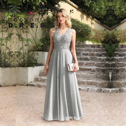 A-line V-neckline Chiffon Lace Pearls Beadings Floor-length Prom Dress Sleeveless Evening Elegant Party Dresses For Women 2024