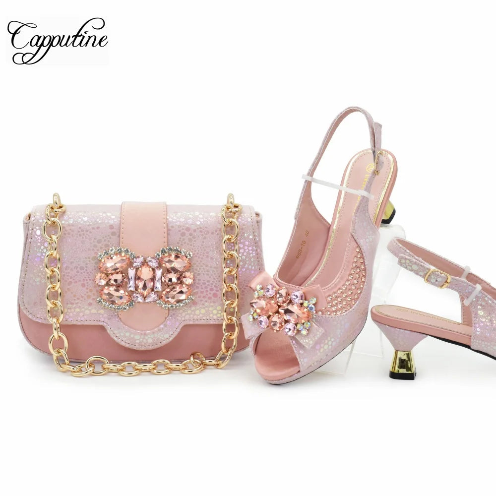 Peach Women Shoes And Bag Set Fashion African Ladies High Heels Sandals Match With Handbag Pumps Nigerian Sandales Femmes 988-10