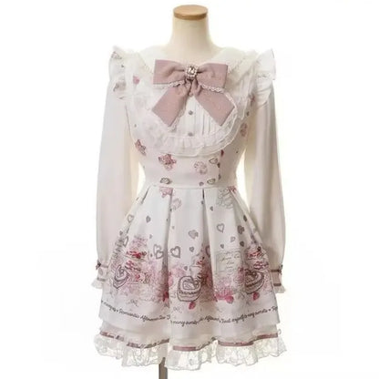 Y2k Aesthetic Lolita Style Bow Dress Shorts Set Japanese Women Gothic Lace Flare Sleeve Button Shirt Dress Punk Party Mini Dress