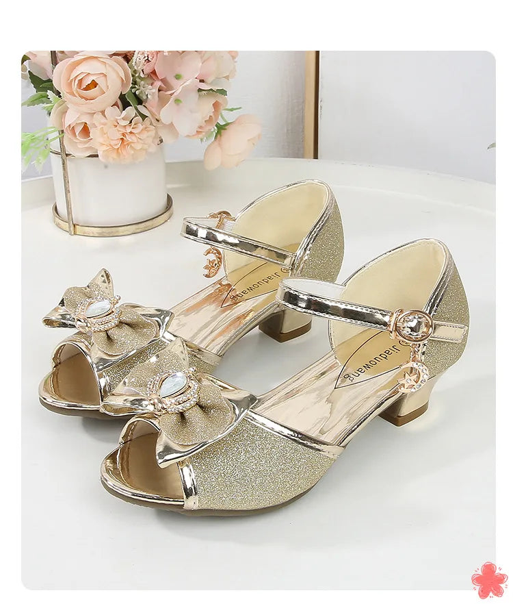 Girls Princess Sandals Summer Open-toe Elegant Children High Heels Fashion Sequins Crown Kids Causal Glitter Wedding Dress Shoes