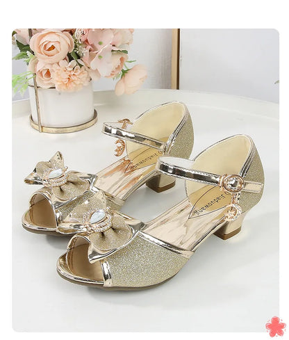 Girls Princess Sandals Summer Open-toe Elegant Children High Heels Fashion Sequins Crown Kids Causal Glitter Wedding Dress Shoes