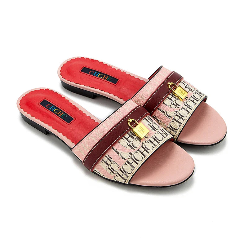 High Quality Metal Lock Monogram Print Women's Low Heeled Slippers Delicate and Versatile Women's Fashion Slippers