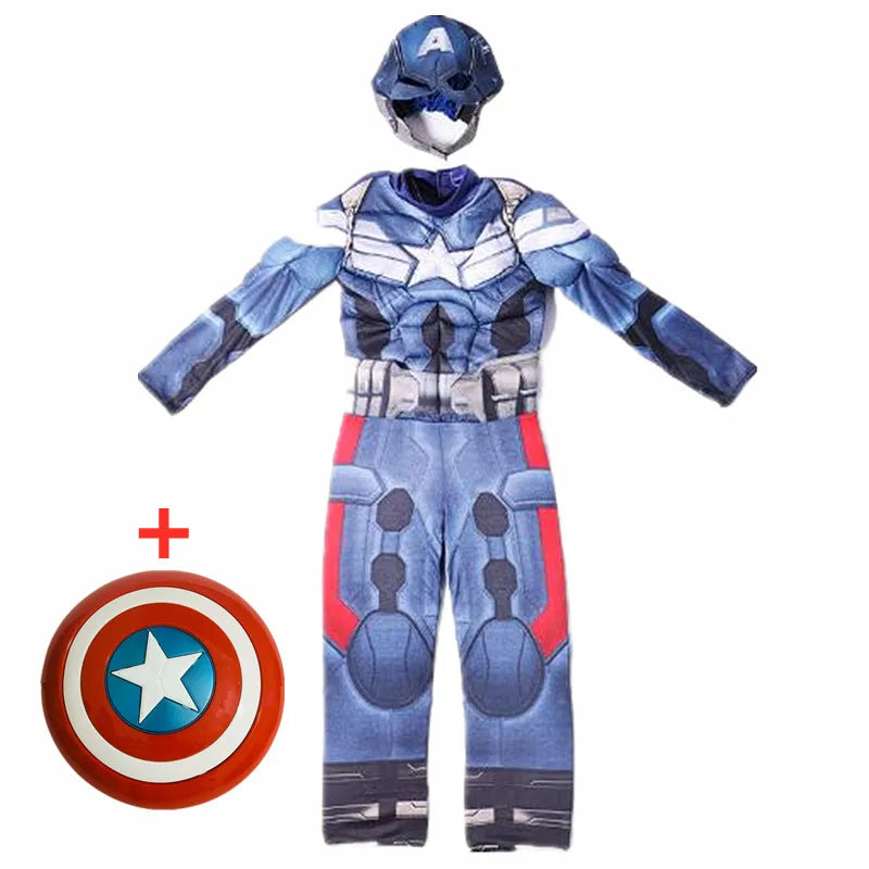 3-12Y Kids Superhero Captain America Costume Movie Justice Hero Role Play Jumpsuit Holiday Gift Performance Costume with Hat