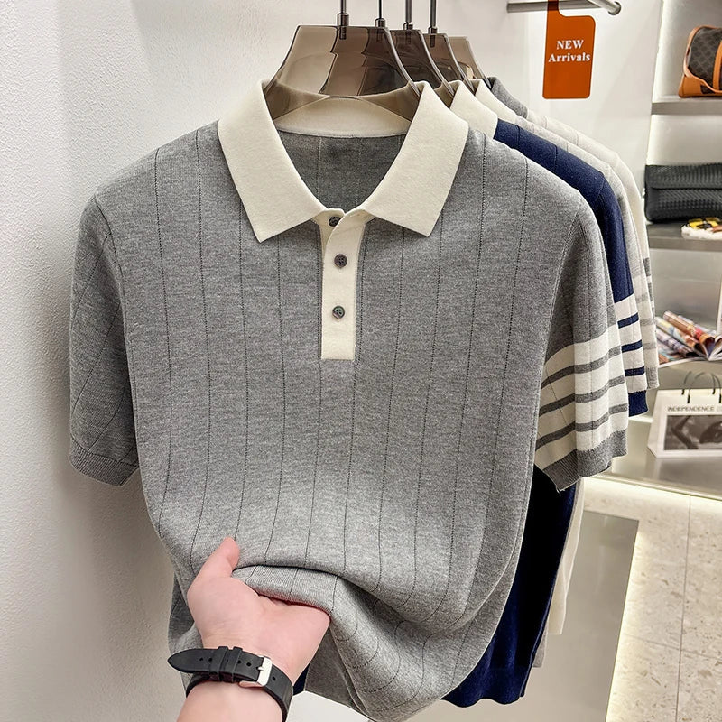 2026 Men's Short Sleeved Polo Shirt with High-end Feel, Summer Thin Design, Knitted Collar, Linen T-shirt As Base
