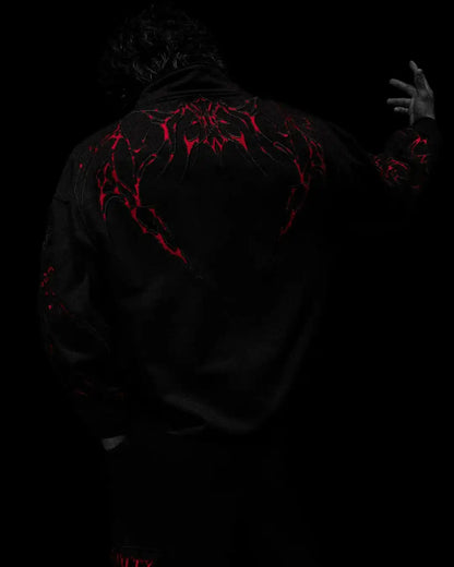 Men's Gothic Streetwear Zip-Up Hoodie Black Edgy Urban Athletic Dark Style Casual Oversized Pullover Sweatshirt with Zipper