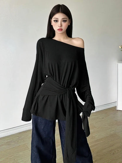 Sexy Thin See Through Long sleeve Oversize T shirt Women Bandage Off shoulder Top Female Basic Long Tees Korean Chic Lady New